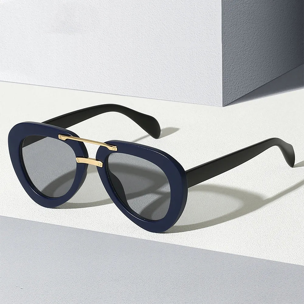 2025 Good Designer PC Lens Thick Double Beam Cat Eye Glasses Men's and Women's Round Frame UV400 Oval Outdoor Sunglasses