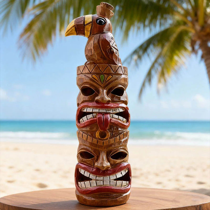 Resin Tiki Totem Statue Toucan Top & Tribal Faces Hand-painted Outdoor Patio Decor Business Gift Ornaments