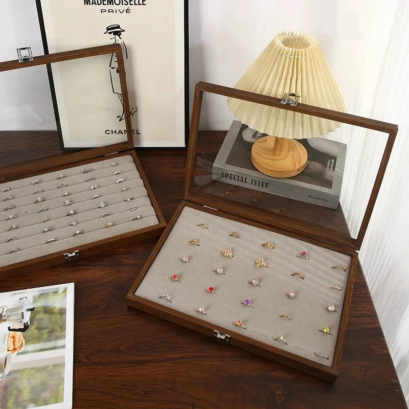 100 Ring Boxes Luxury Jewelry Organizer Transparent Window Soft Velvet Lining Necklace Earring Brown Wooden Jewellery Box