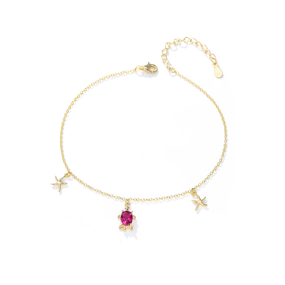 New Arrivals 925 Sterling Silver Electrocoating Cute Starfish Tortoise Anklet for Women and Girls