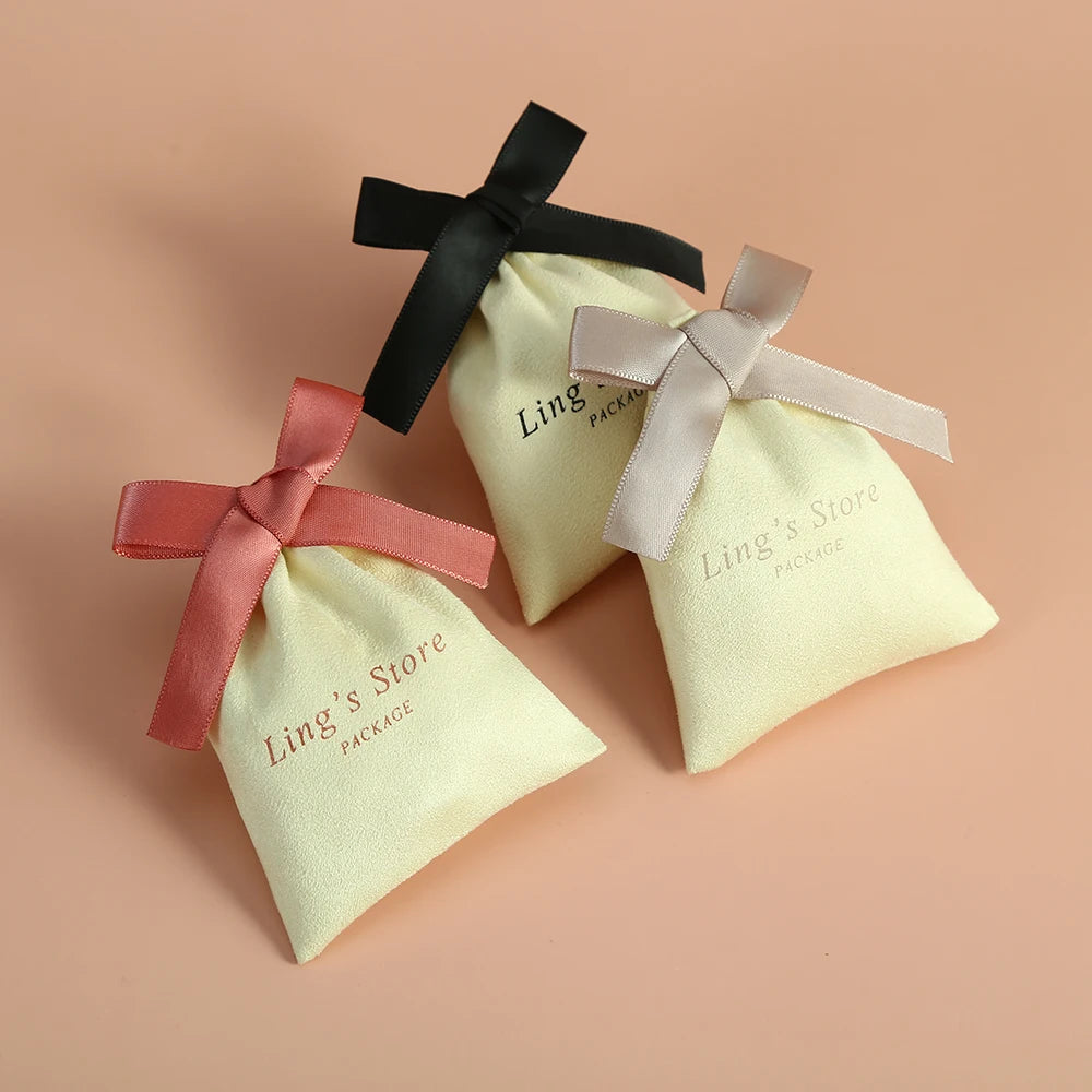 12x16cm Wholesale Printed Logo Gift Faux Suede Personalised Pouch with Ribbon Comb Package Beige Jewelry Bijoux Velvet Pouches
