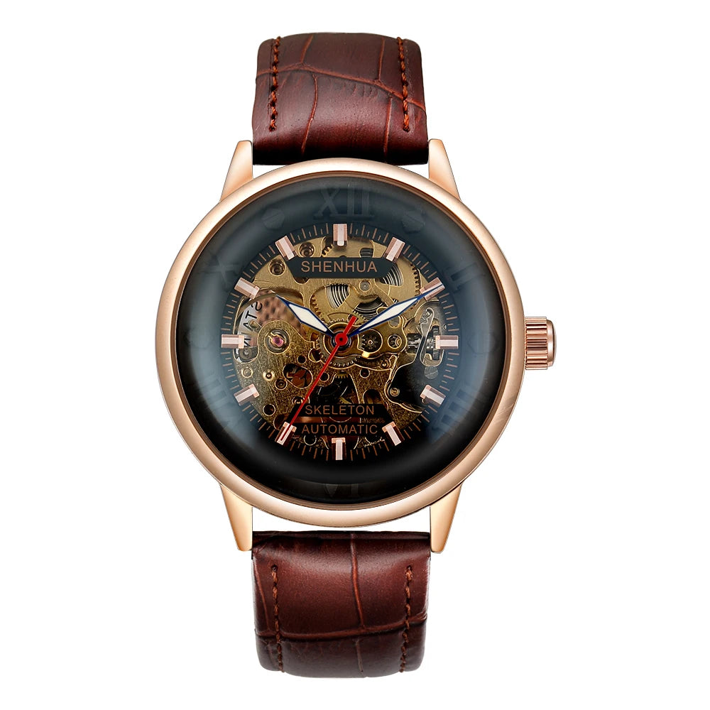 SHENHUA Black Genuine Leather Gold Texture Crown Automatic Diver Roma Number Male Mechanical Watch Relogio Masculino