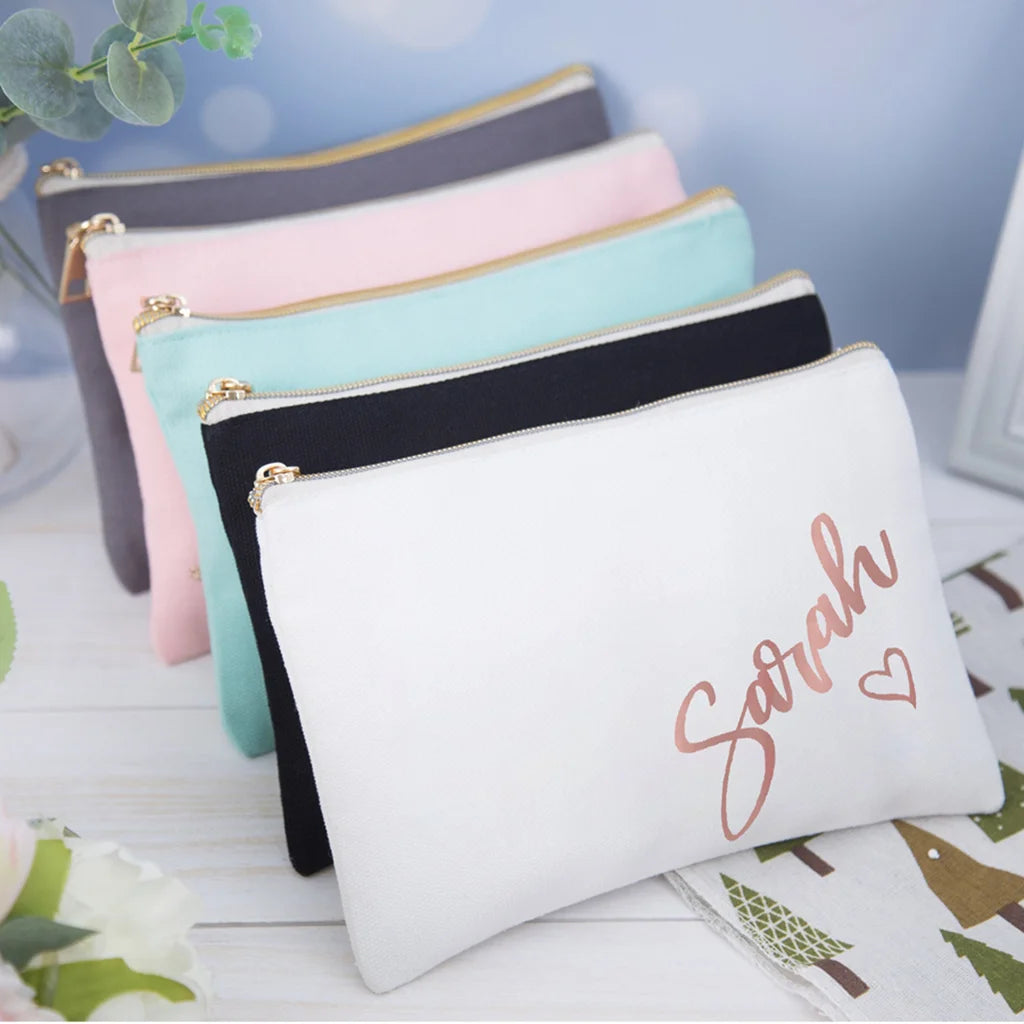 Wholesale Custom Gold Logo Printed Gift Cotton Canvas Makeup Pouch Fashion Toiletries Travel Makeup Cosmetic Bag