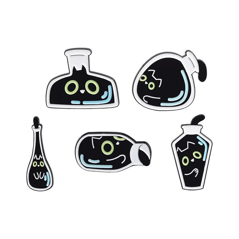 Cartoon Water Cup Drift Bottle Shape Anime Brooches Cute Black Cat Enamel Lapel Pins for Backpack Kawaii Animal Metal Badges