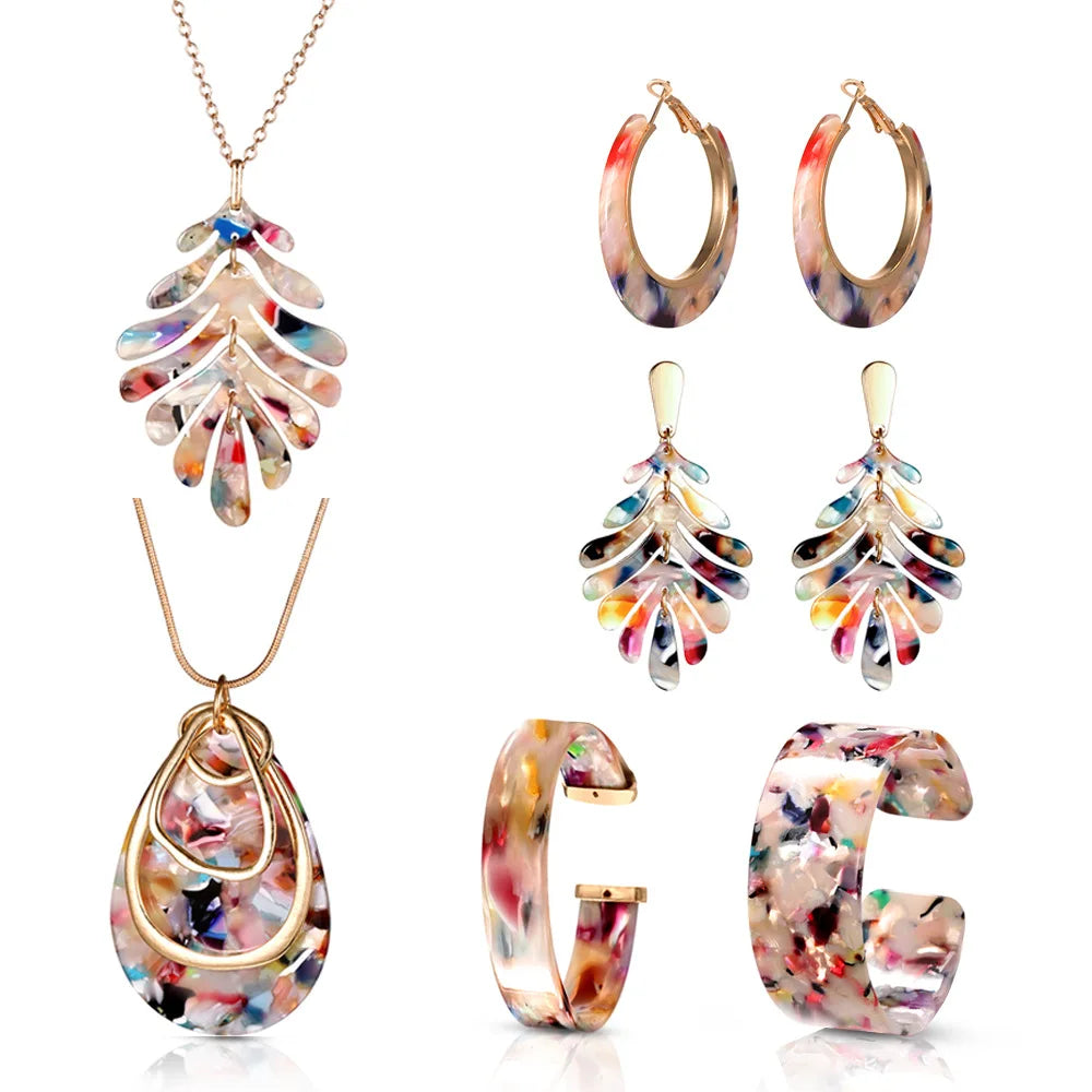 Factory Personalized C-shape Bracelet Earrings Necklace Acrylic Jewelry Fashion Floral Leaf Necklace Gifts for Women