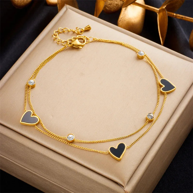 New 2 Colors Non Tarnish Double Layer 18k Gold Plated Stainless Steel Heart Anklets for Women