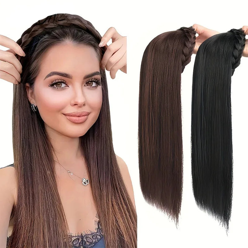 Synthetic Long Straight Braid Headband Wig Female Brown Black Natural Heat Resistant Half Hair Wig for Women