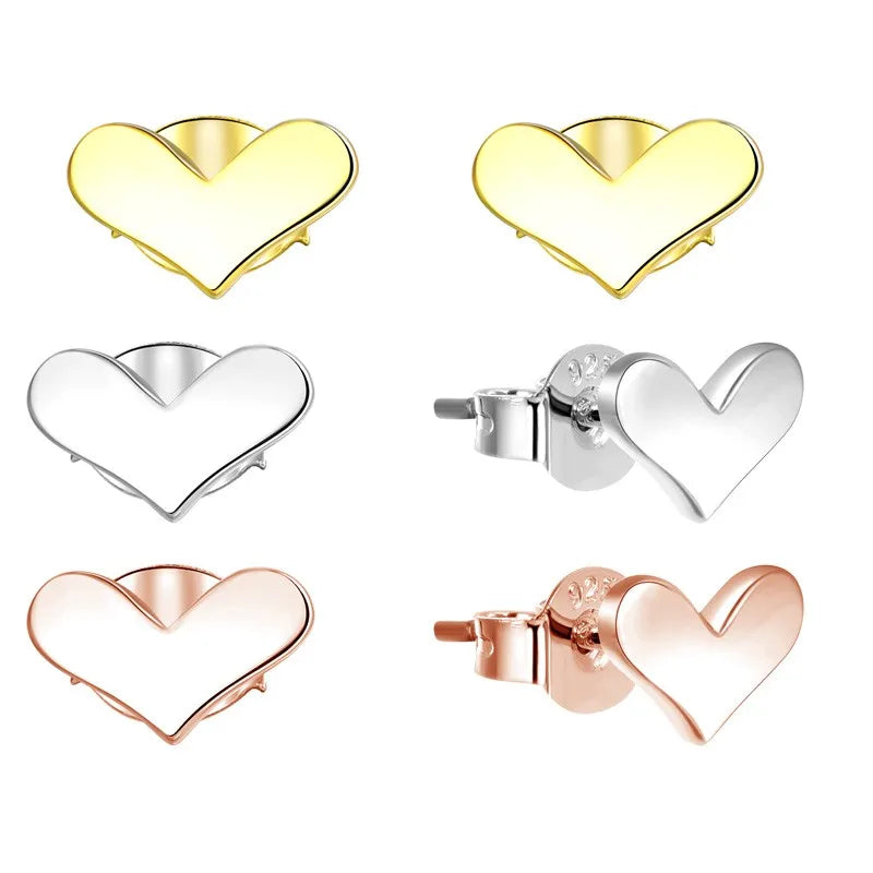 European Minimalist Gold Plated Small Stud Earrings Creative 925 Sterling Silver Heart Earrings