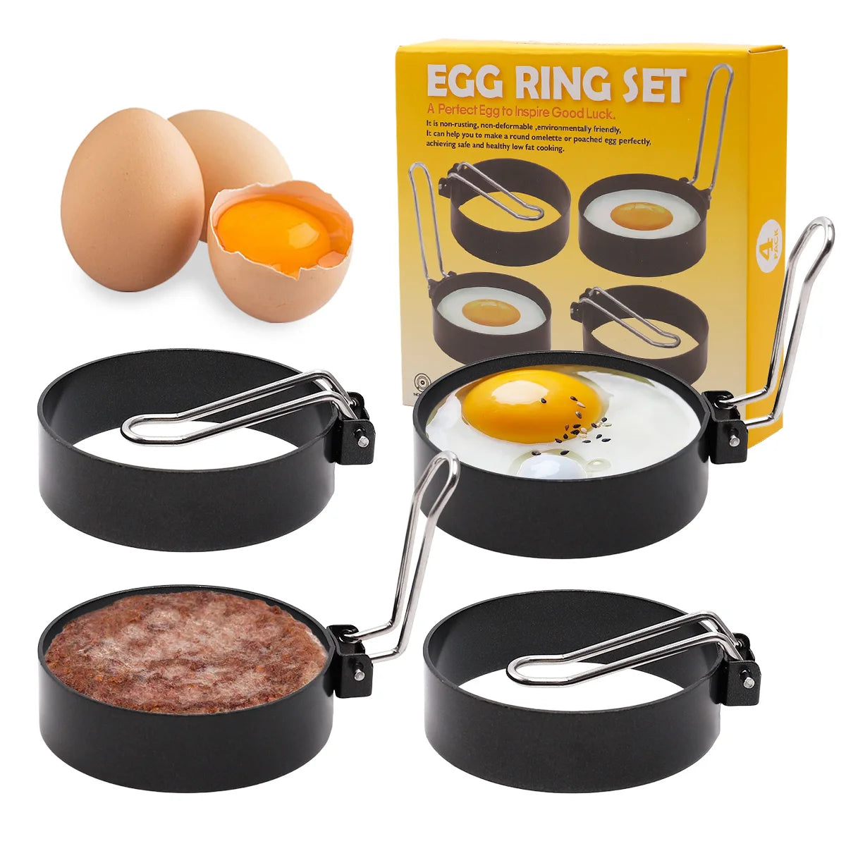 Non-Stick Stainless Steel Iron Fried Egg Ring Set with Foldable Handle Round Omelette Pancake Cooking Ring for Kitchen Breakfast MegaBDM