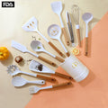 Manjia Kitchen Utensils Set Non-stick Heat Resistant Cookware Silicone Cooking Set With Wooden Handle