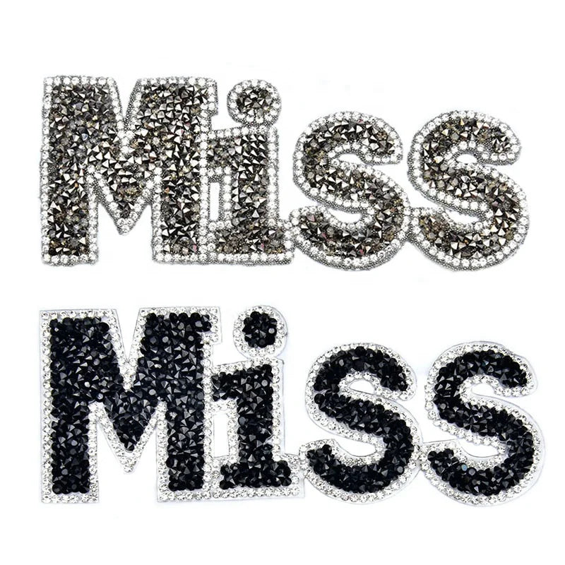 5*13cm Grey Black Color Hot Fix Resin Rhinestone Letter MISS Applique Clothing Crystal Patches