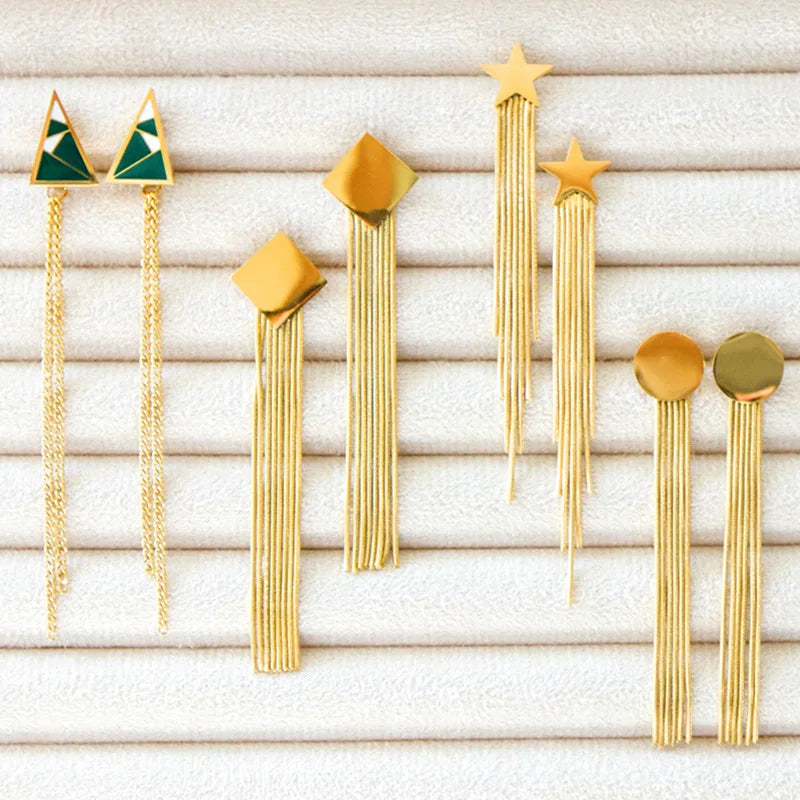 Geometric Rhombus Star Earring Unique Stainless Steel Long Chain Earring Advanced Sense Jewelry Tassel Earrings for Women