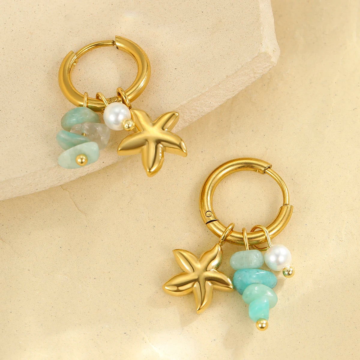 Wholesale Fashion Jewelry Women Accessories Stainless Steel Starfish Pearl Natural Stone Hanging Hoop Earring  for Gift