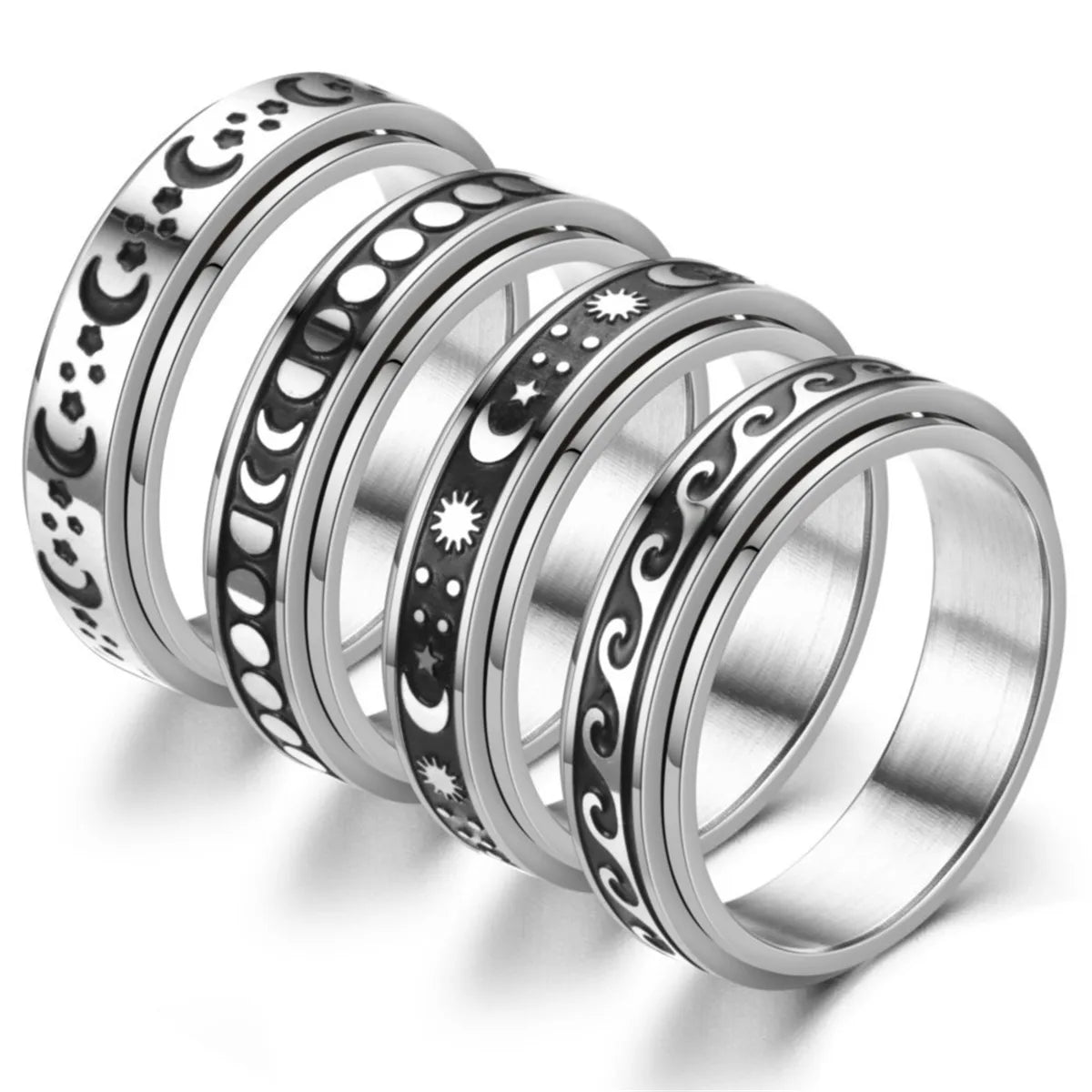 Women Men Anti Anxiety Ring Stainless Steel Rotate Freely Spinning Sun Moon Rings Jewelry Gift