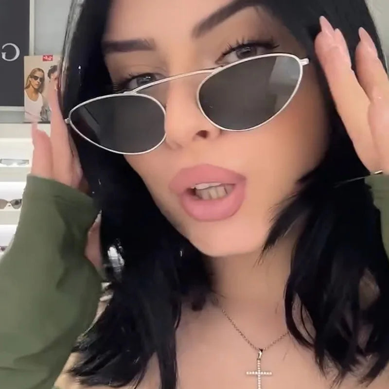 Euro-American Fashion Personalized Small Cheap Custom logo Sunglasses Ladies Summer Single Beam Cat Eye Metal Sunglasses 2024