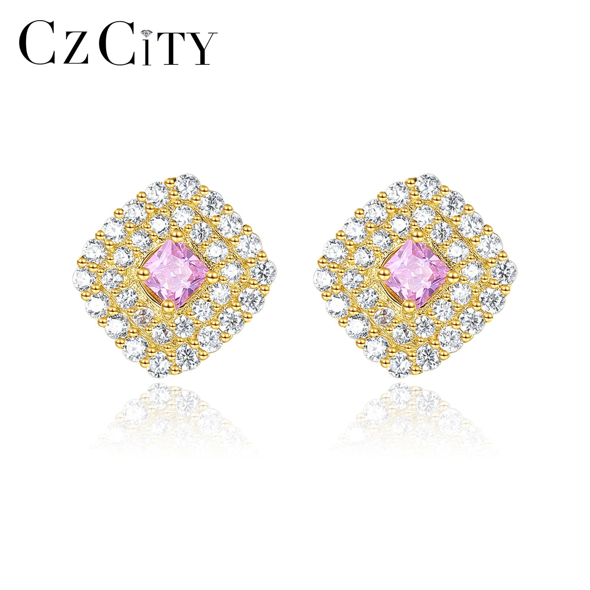 CZCITY Fashion Pink Silver Stud Earrings 925 Sterling Geometric Vintage Jewelry Gold Plated Custom Cubic Zirconia Square Earring