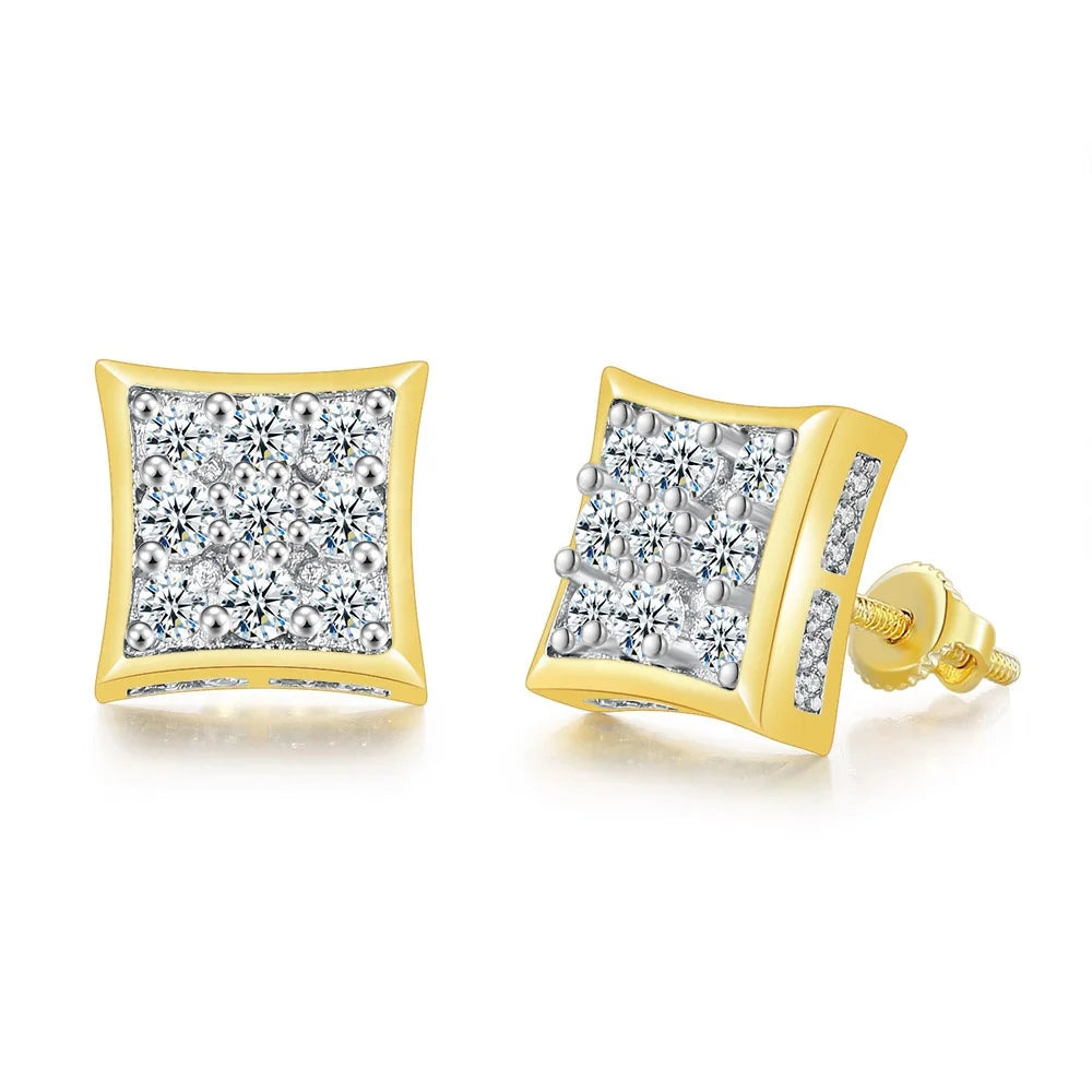 Women's Hip Hop Bling Iced Out 3 Row Cubic Zirconia Micro Pave Square Stud Earrings Platinum 14K Gold Plated Wedding Party Gift