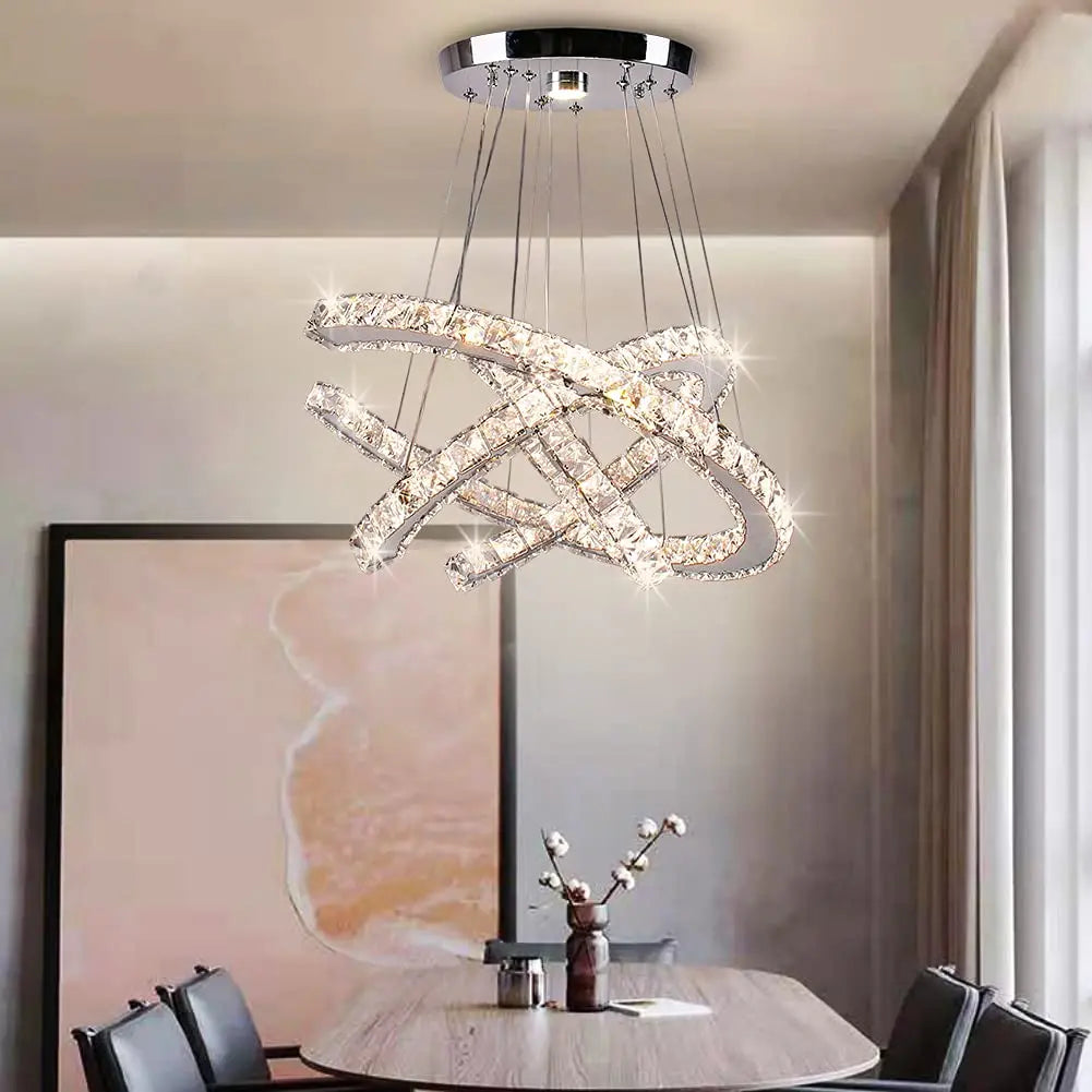 Modern Luxury 3-Ring LED K9 Crystal Pendant Lighting Large Ac Power Dimmable Chandelier Remote Control Bedroom Living Room Decor