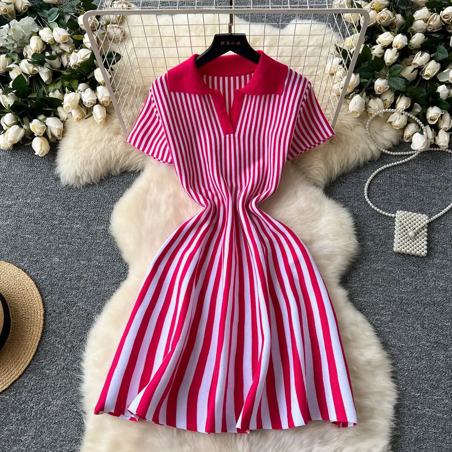 Fashion 2025 Summer Women's New V-neck Short Sleeve Stripped Knitted Mini Dress Elegant Street Wear Casual Dresses