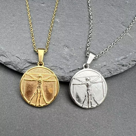 Wholesale Fashion 18k Gold Plated Custom Pendant Compass Angel Stainless Steel Jewelry Da Vinci Vitruvian Man Pendant Necklace