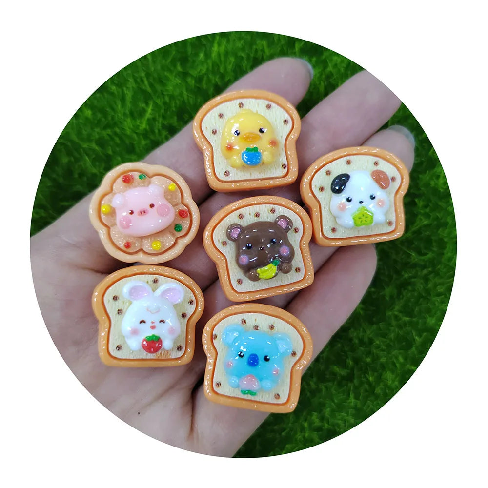 Food Theme Resin Flatback Cabochons Cartoon Animals Duck Pig Dog Bear Rabbit Bread Toast Beads for Phone Case Scrapbook Decor