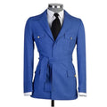 Unique Design Blue Men's Suit With Belt Turn Down Collar Safari Blazer Trousers Wedding Clothing 2pcs Jacket Pants Men's Sets