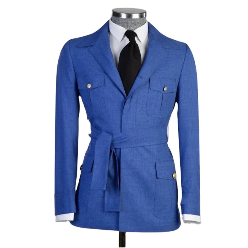 Unique Design Blue Men's Suit With Belt Turn Down Collar Safari Blazer Trousers Wedding Clothing 2pcs Jacket Pants Men's Sets