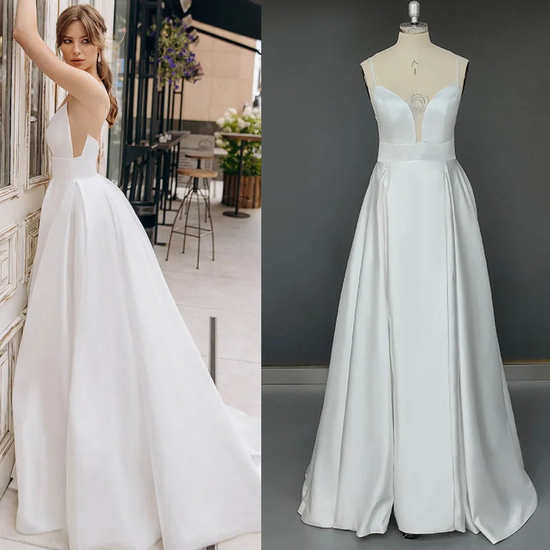 10266# Spaghetti Straps Sexy Sleeveless Sweep Train Satin Wedding Dress A-Line High Slit Pleated Backless Wedding Bridal Gown