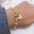 2021 Best Selling Gold Plated Trendy Beaded Link Chain Imitation Pearl Bracelet with Butterfly Charms for Women