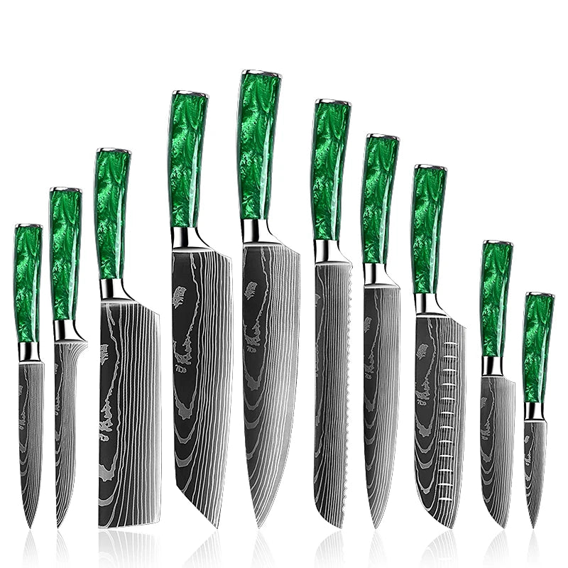 Grandsharp Kitchen Chef Knives Laser Pattern Slicing Santoku Tool 4CR13MOV Kitchen Chef Knives Set with Green Resin Handle