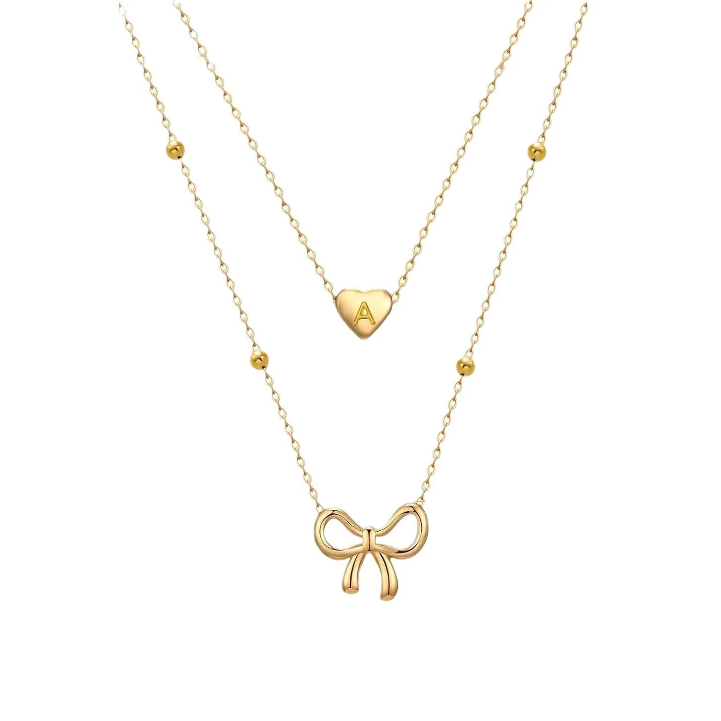 Layered Initial Stainless Steel Women's Trendy 14K Gold Plated Dainty Bow Choker Necklace Cute Small Tiny A-Z Pendant 16inches