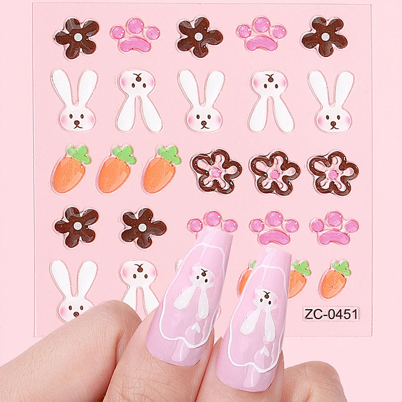 Cute Rabbit Nail Sticker Decal 5D Soft Embossed Flower Colorful PET Material Nail Art Supplies