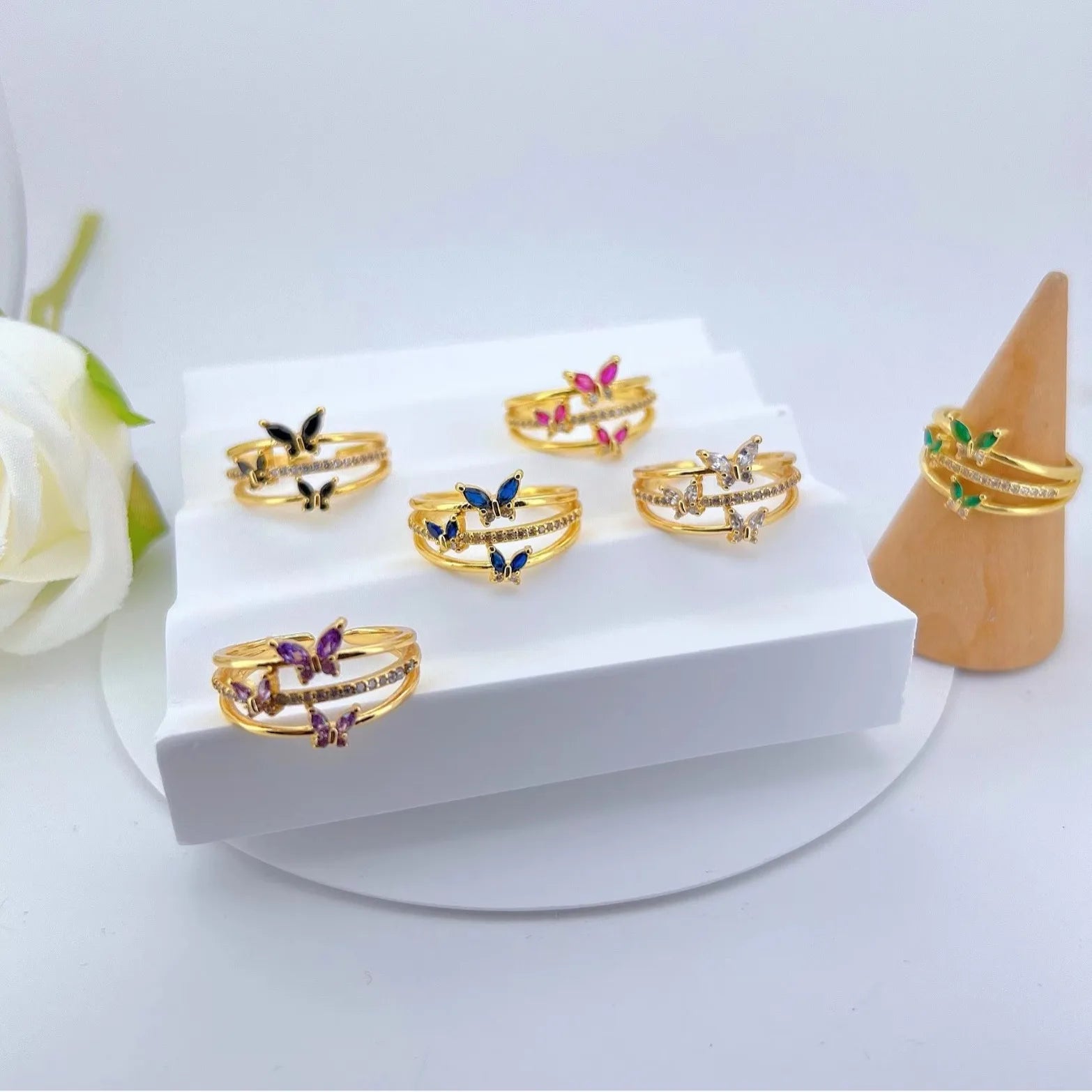 Merryshine 18K Gold Multi-Layer Adjustable Ring Non-Tarnish Copper with Blue Butterfly Design Cut Zircon Jewelry