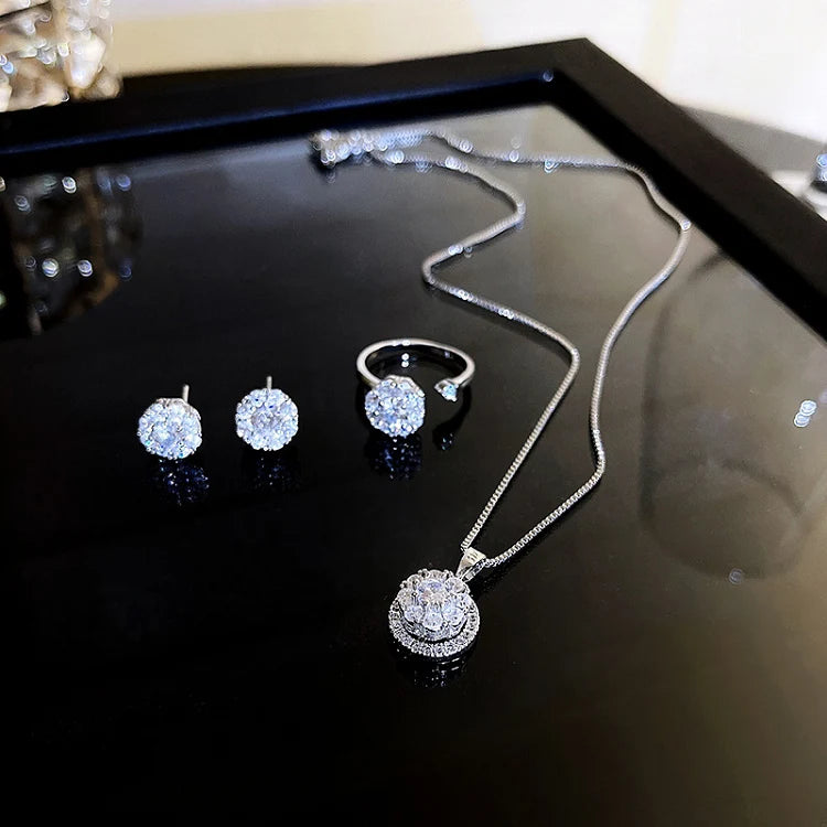 G272 Fashion Rotatable Rings Necklace and Earrings Women's Silver Color Spinner Round Cubic Zirconia Jewelry Set