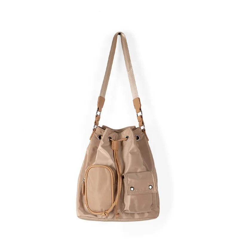 New Nylon Shoulder Bag External Pocket Cool Girls Nylon Tote Drawstring Design Bucket Bags for Women