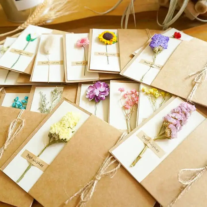 Kraft Paper Vintage Insert Greeting Card Dried Flowers 'Thank You' for Valentine's Day Thanksgiving New Year's Celebration