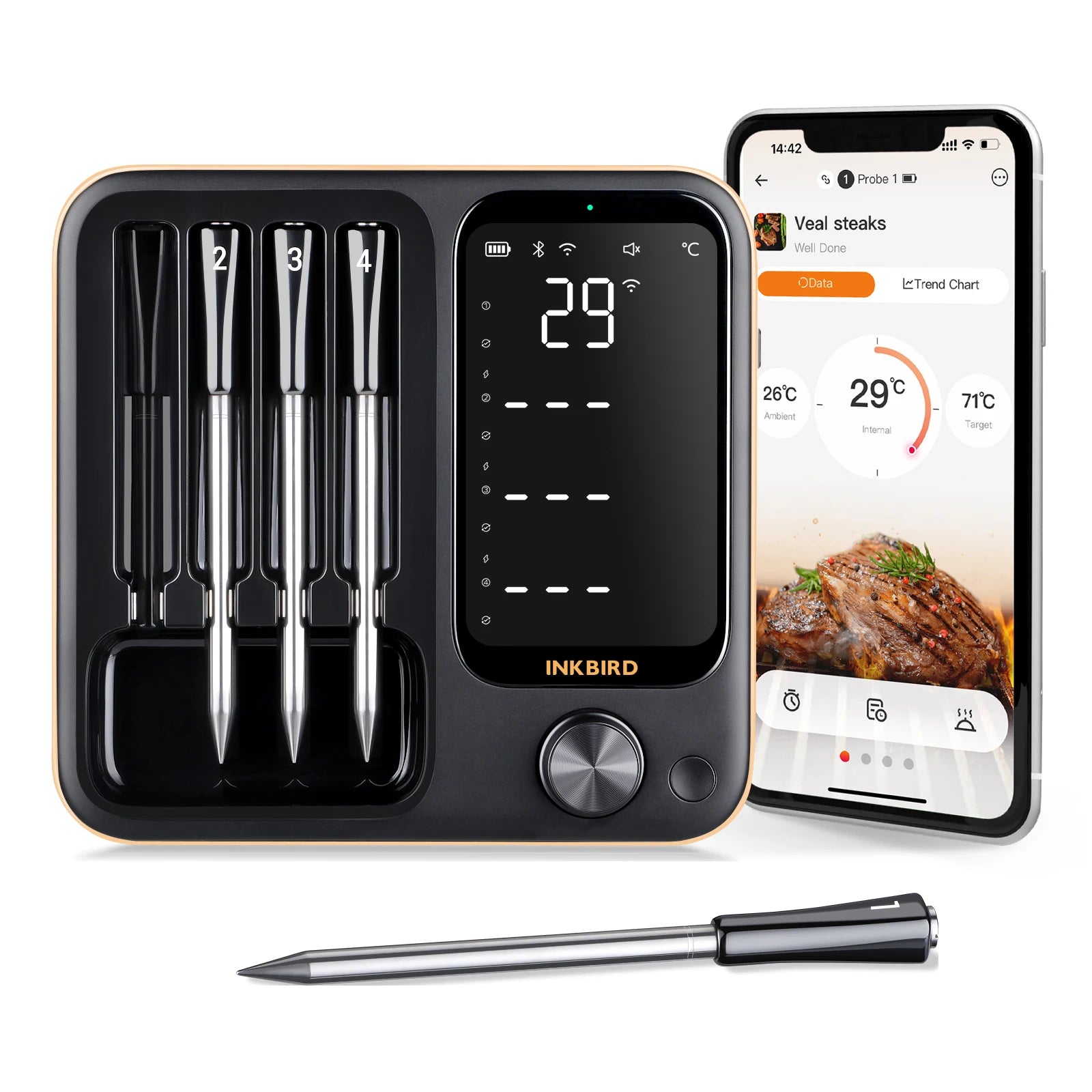 INKBIRD INT-14-BW Three-Mode Wireless BBQ Thermometer with 4 Probes for BBQ Grill Oven
