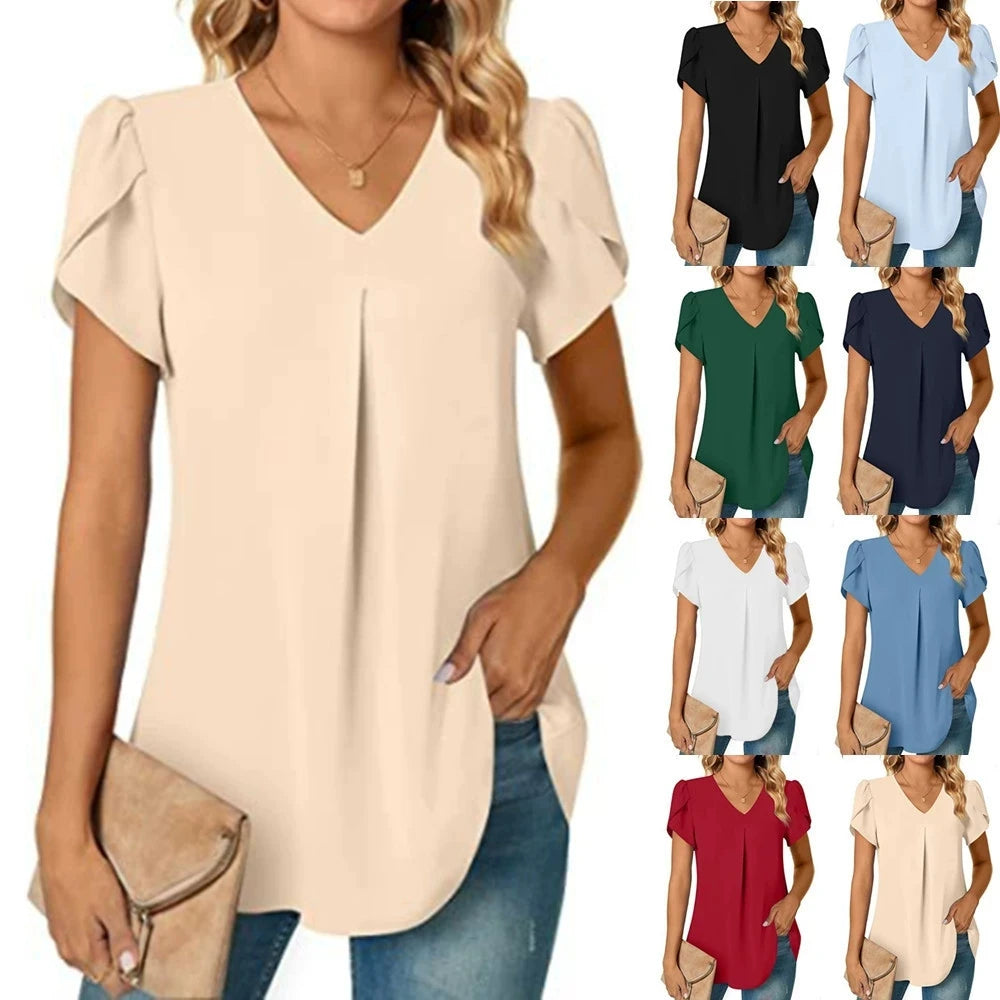 Women's Plus Size Summer Dressy Chiffon Blouses 2025 Short Sleeve V Neck Tunic Tops for Leggings Casual T-Shirts