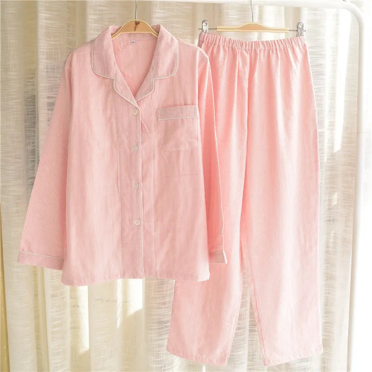 Women's Long Plaid Double-layer Cotton Pajamas Summer Autumn Casual Japanese Style Home Wear
