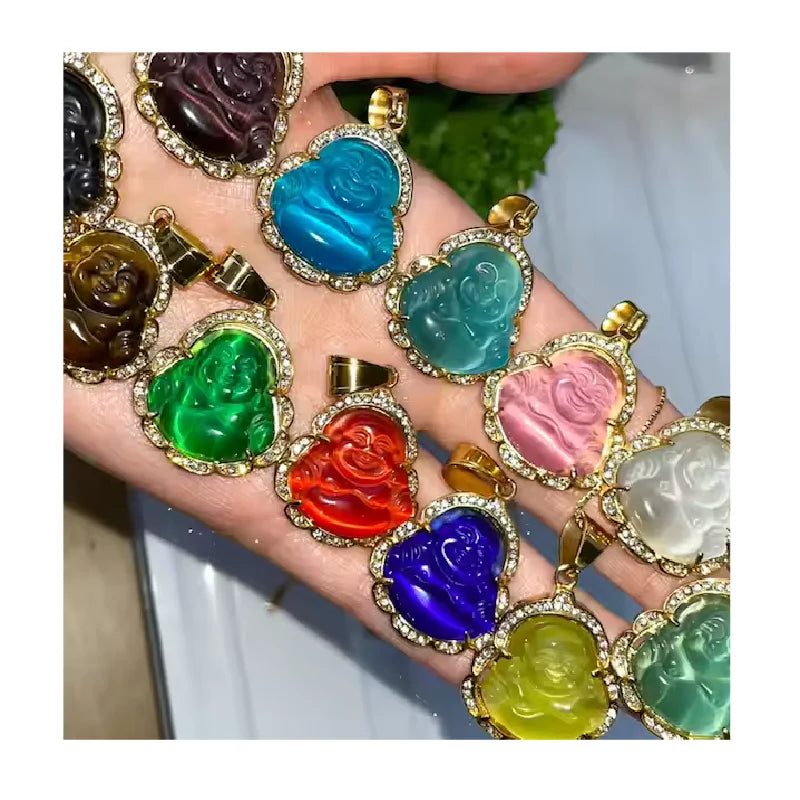 Hot Sale Gold Plated Stainless Steel Buddha Necklace Buddha Pendant Natural Stone Laughing Buddha Jade Necklace