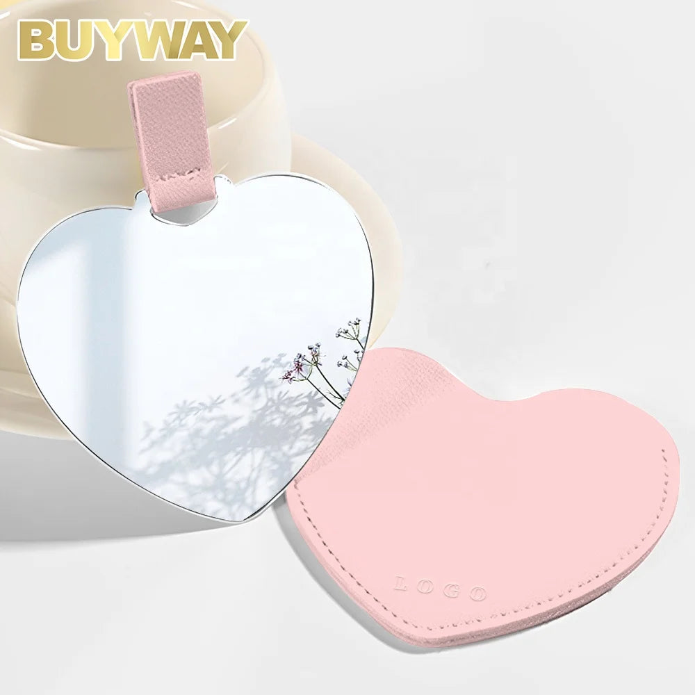 Compact Small Heart Cosmetic Mirror Dual Sided Unbreakable PU Leather Cover Stainless Steel Travel Mirror Gift for Women Girls
