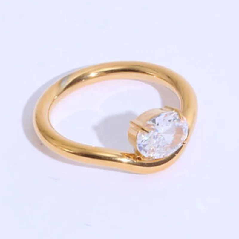 Ins Style Women Fashion Minimalist Dainty Cute Jewelry 18k Gold Plated Stainless Steel Oval Cubic Zircon Cz Thin Ring