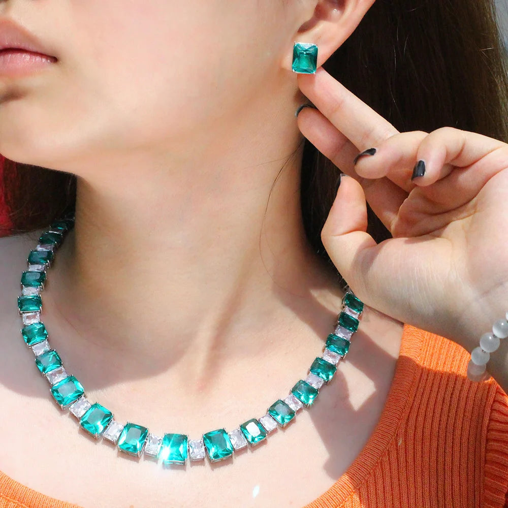 Chic Shiny Big Square Light Green Colour CZ Crystal Women Party Wedding Bridal Necklace and Earrings Jewelry Sets for Brides