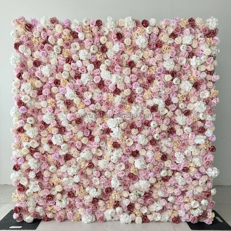 Royal Custom 5d3d Cloth Roll up Natural Pampas Feather Silk Rose Flower Wall Backdrop Panel Wedding Decor Artificial Flower Wall