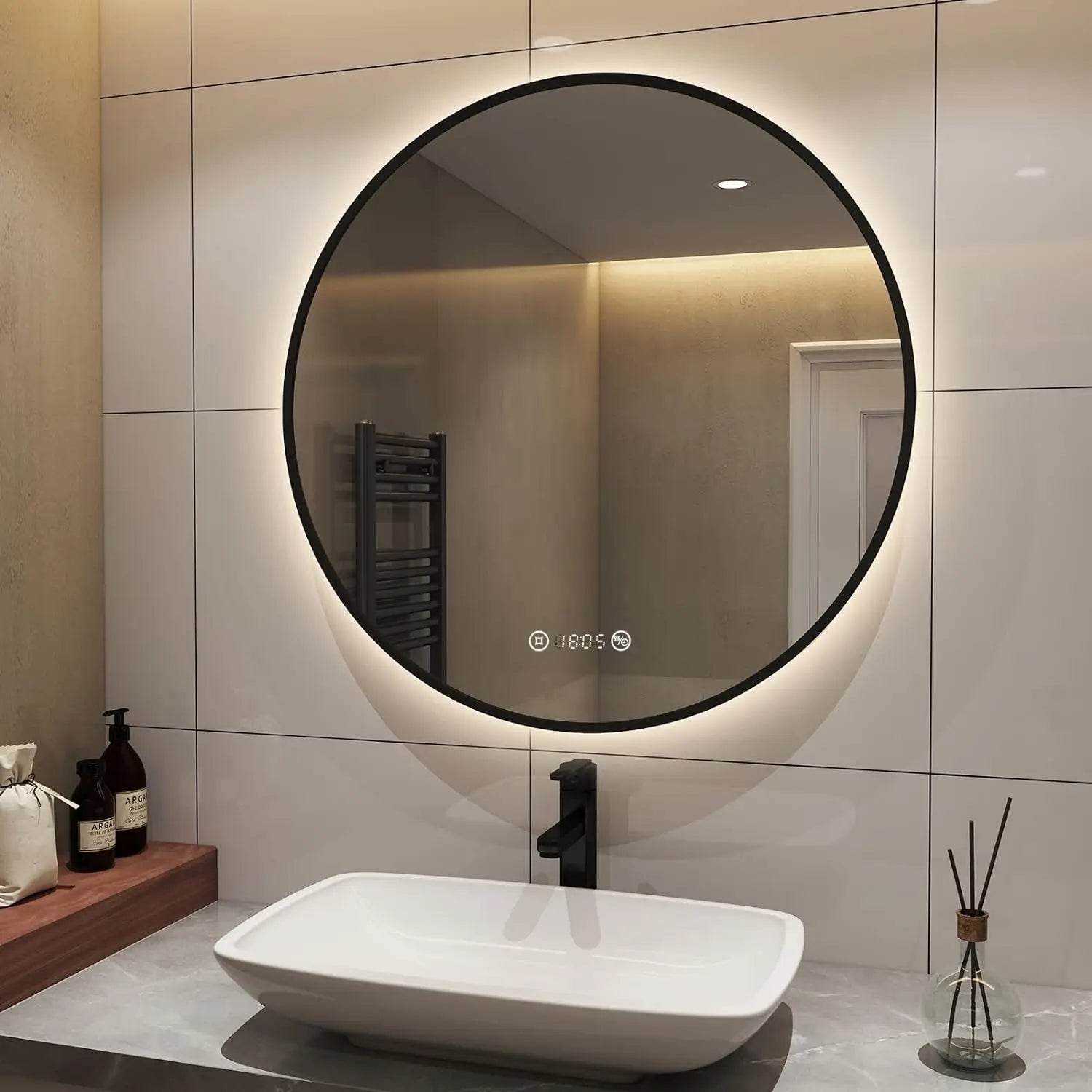 Vanity Backlit Defogger Smart Mirror Time Display Toilet Wall Round Bathroom Mirror with Led Light