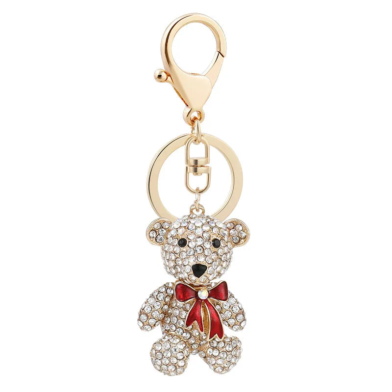 Fashion Handmade Bear Charm Keychain Cartoon Rhinestone Crystal Bear Pendant Key Chains for Women Gift