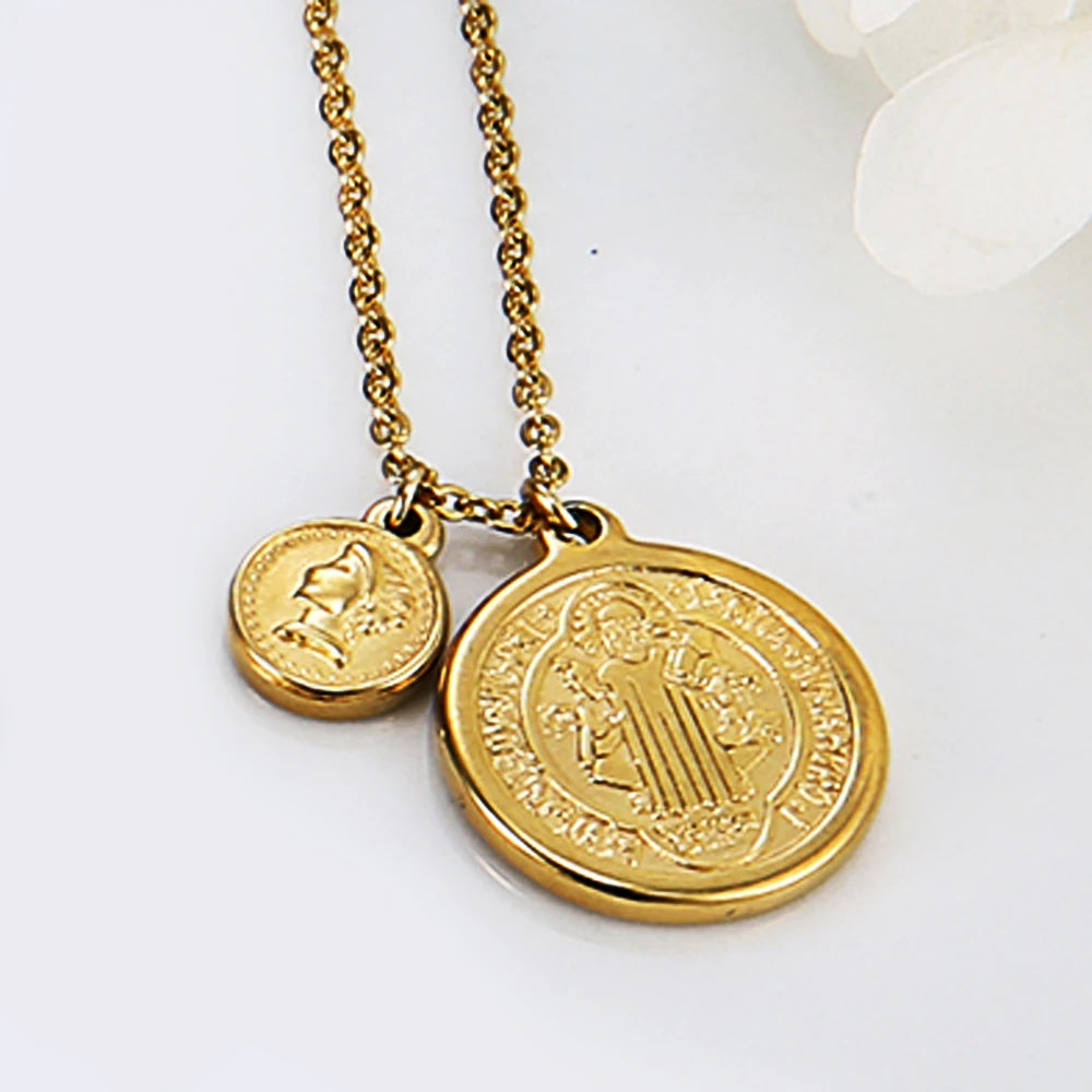 Elizabeth Coin Saint Benedict Medal Necklace 18K Gold 316L Stainless Steel Christian Sacramental Religious Jewelry Catholic Gift