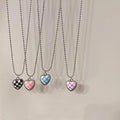 Multi Colors Checkerboard Pattern Plaid Heart Necklaces for Women Metal Bead Chain Love Heart Pendant Necklace Gift Jewelry