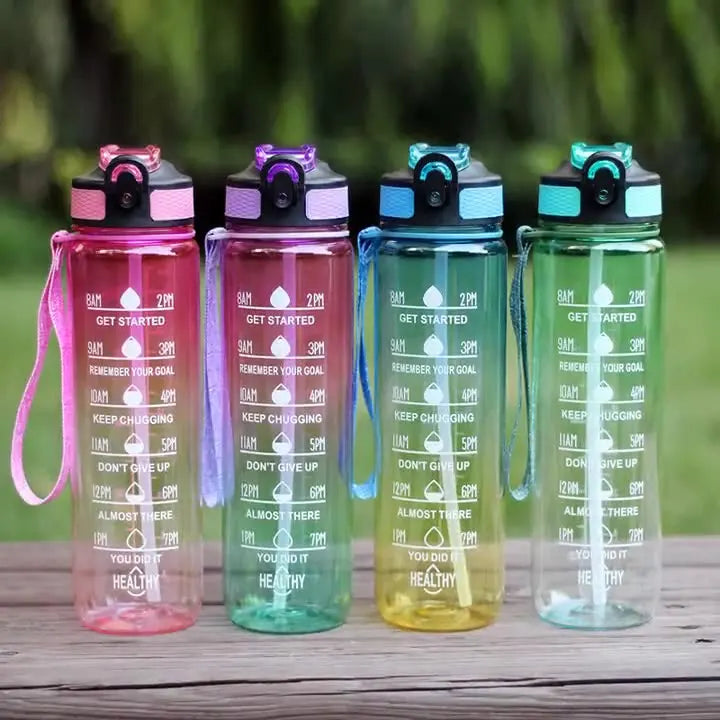 Large Capacity Colorful Gradient Sport Water Bottle with Flip-Top Lid Handle Transparent Plastic Fitness Equipment for Camping