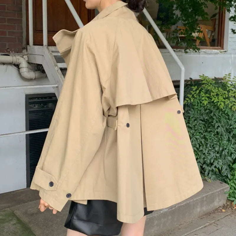 Wholesale 2026 Korean Chic Autumn Retro British Style Stand-up Collar Cloak Design Loose Long-sleeved Short Trench Coat